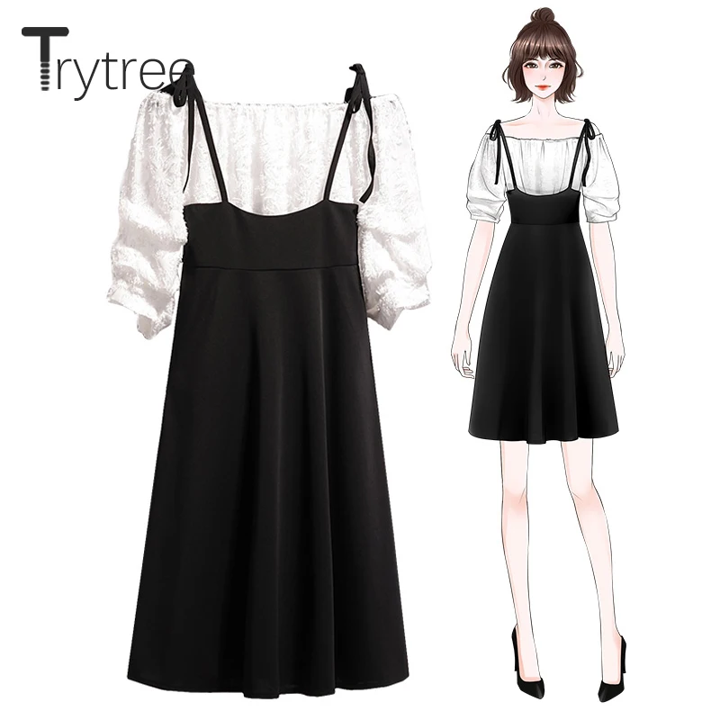 

Trytree Summer Autumn Women two piece set Solid Casual Puff Sleeve tops + Skirts Sling Ribbons A-line Skirt Suit Set 2 Piece Set