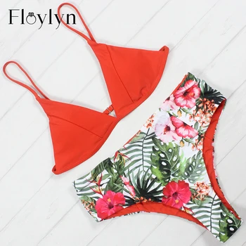 

Floylyn Sexy Women Bikini Set Floral Swimsuit Print Swimwear Solid Bikinis Halter High Waist Beach Wear Female Biquini
