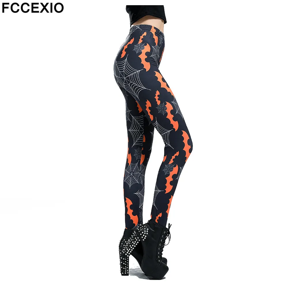 

FCCEXIO New Women Halloween Leggings High Waist Workout Pants Fitness Legging Bat Cobweb Black 3D Printed Leggins Lady Leggings