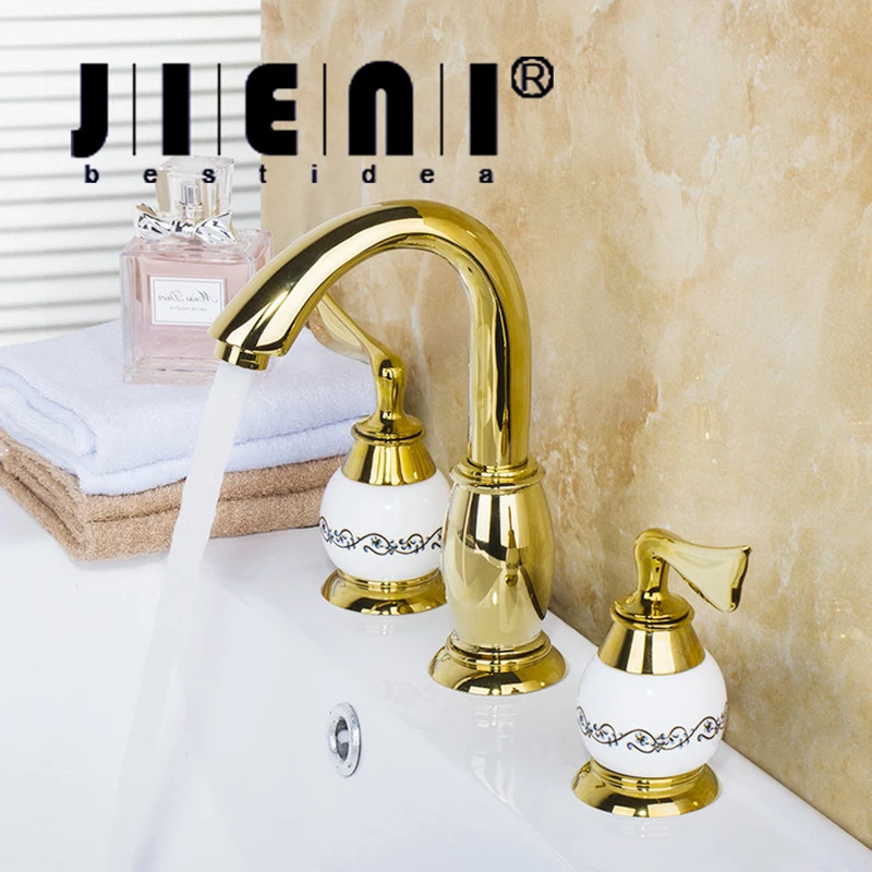 

JIENI Luxury Golden Plated Bathroom Faucet set Deck Mounted 3PCS Set Bathtub European Split Basin Mixer Tap ceramic Faucet Body