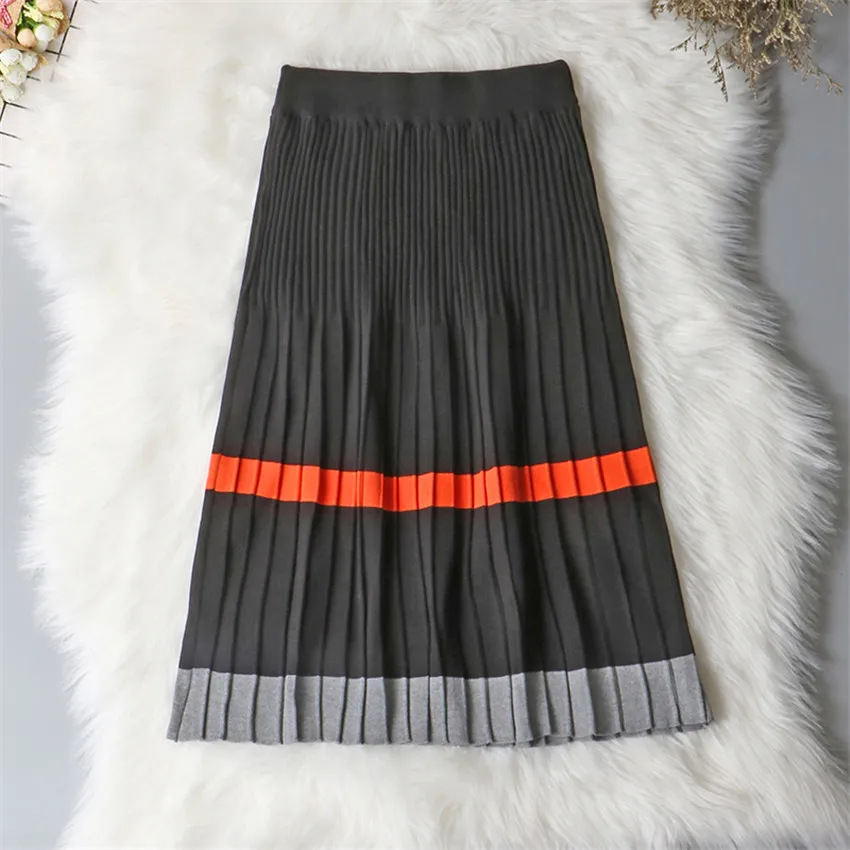Осенне-зимняя винтажная Женская Полосатая плиссированная юбка средней длины с высокой талией, вязаная женская юбка трапециевидной формы WZ610