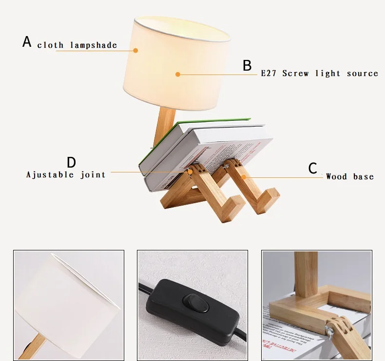 EU/US Plug регулируемая настольная лампа милый робот форма ткань деревянная прикроватная настольная лампа креативный гибкий складной светильник для чтения