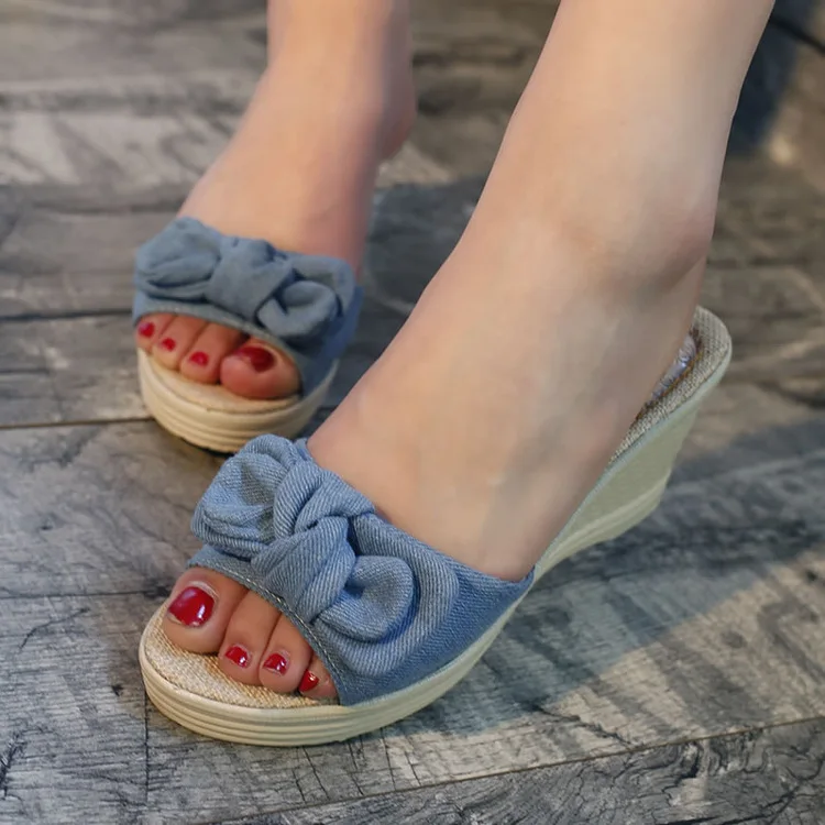 Summer Jeans Shoes Woman Bow Sandals Brand Design Denim Knot Wedges Sandals  Women Flip Flops Fashion Slippers For Lady - Women's Slippers - AliExpress
