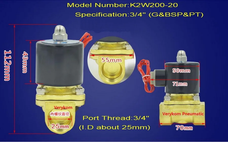 Verykom пневматический 2 Way N/C водой Электрический электромагнитный клапан воздуха Газ дизельное топливо 1/8 1/4 3/8 1/2 дюймов " 2" 12V 24V DC AC 110V 220V - Цвет: DN20