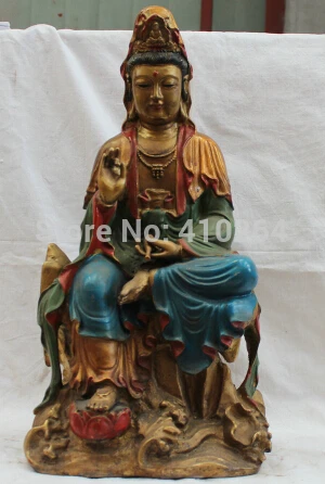 

18" Chinese Bronze With Painting Seat Gwan-yin Guan Yin Flower Vase Statue discount 30%