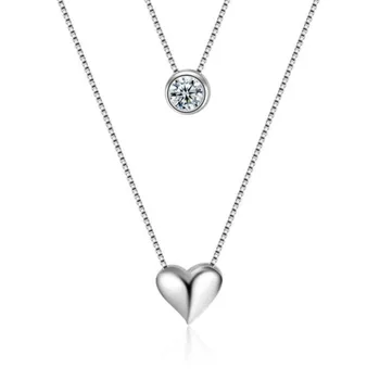 

New Fashion Heart Shaped Double 925 Sterling Silver Jewelry Crystal Temperament Female Clavicle Chain Pendant Necklaces H334