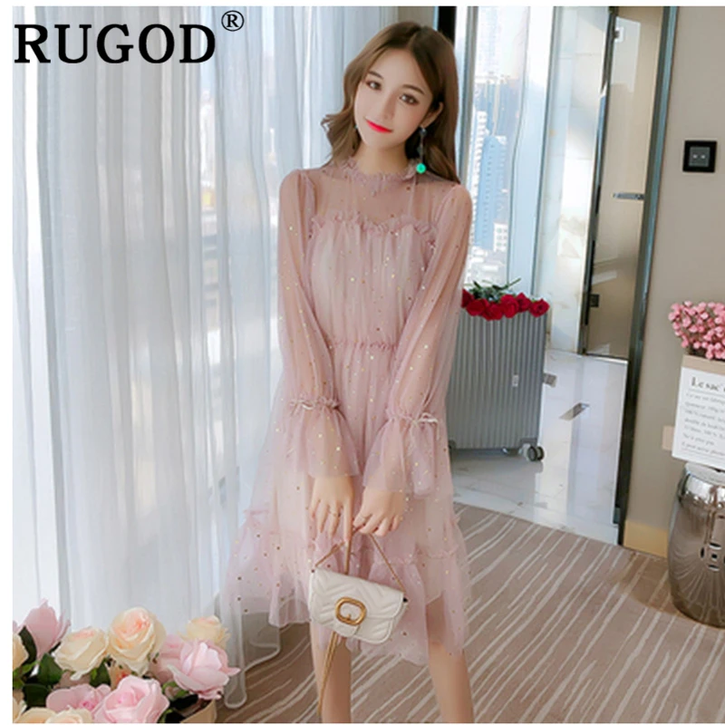 RUGOD 2019 сказочное Стильное женское платье Сетчатое лоскутное расшитое блестками с