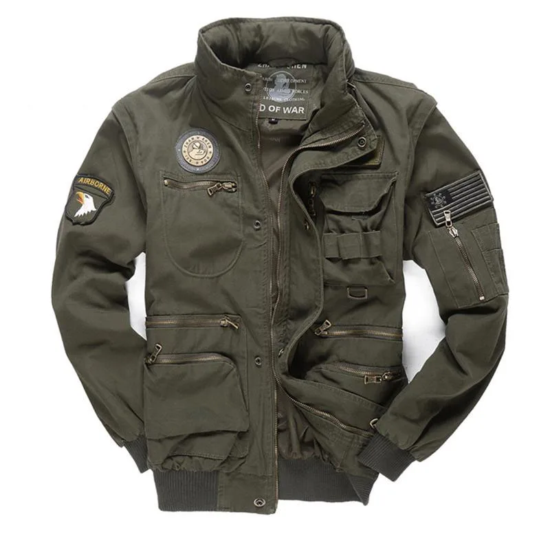 

New Military Men's 101 Flight Jacket Removable Sleeve Male Hooded Bomber Jacket Men Multi-pocketed Tooling Jacket Coat 4XL BF657