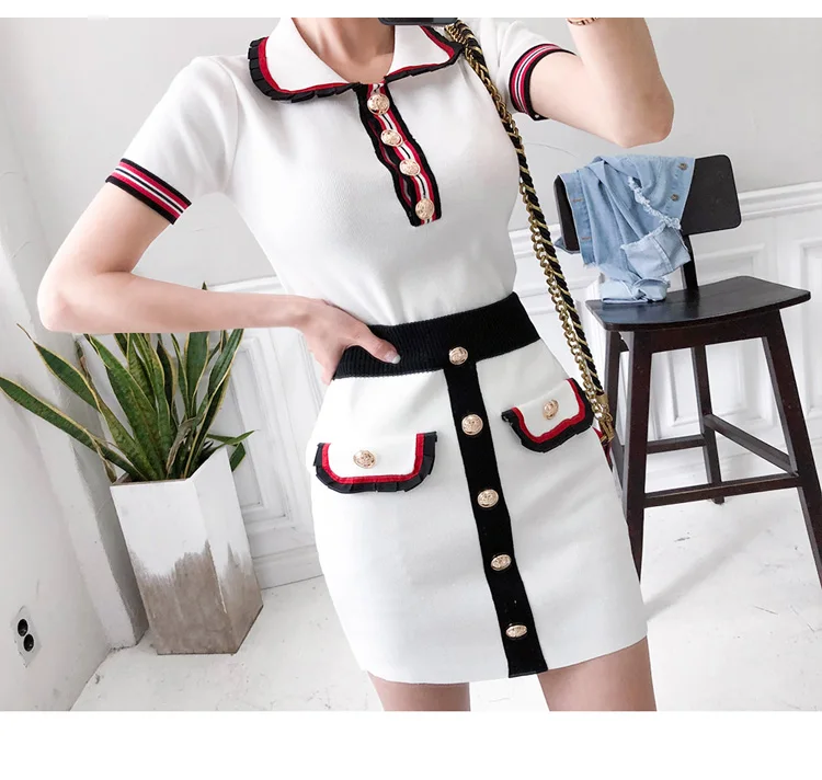

Women Summer Knit 2PCS Set Loose Striped Doll Collar Sweaters Tops+Single Breasted Pockets Elastic High Waist Knitted Skirts Set