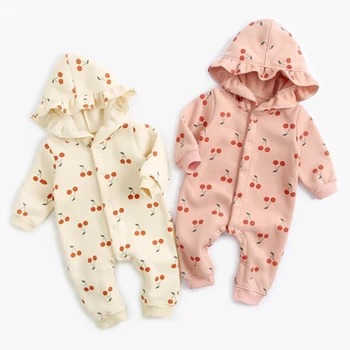 

New 2019 Autumn Winter Baby Girls Boys Cherry Printing Rompers Newborn Warm Boys Clothes Toddler Girls Outfit Jumpsuit