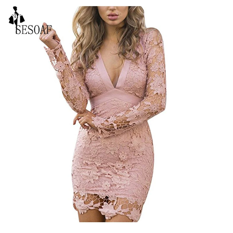 SESOAF Women Dress Lace Floral Vintage Elegant Pancil V Neck Backless Sexy Long Sleeve Dresses 2017 Spring Vestido DSL22301