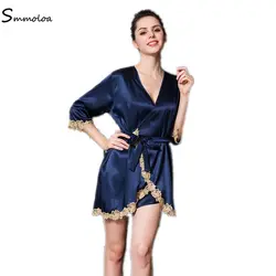 Smmoloa женский пикантный Шелковый Атласный пижамный комплект без рукавов, комплект из 3 предметов, кружевной Халат