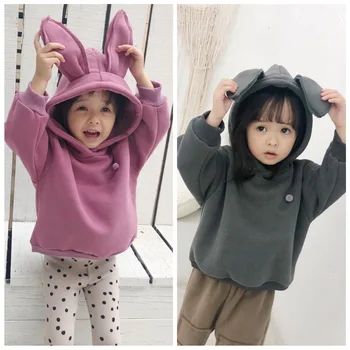 

Children's Wear Girls Fall and Winter Fleece Hooded Rabbit Sweater