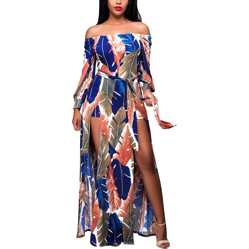 

2019 Summer Fashion Leaf Printed Elegant dress women Sexy All-match Personality Long Style Dresses vestido