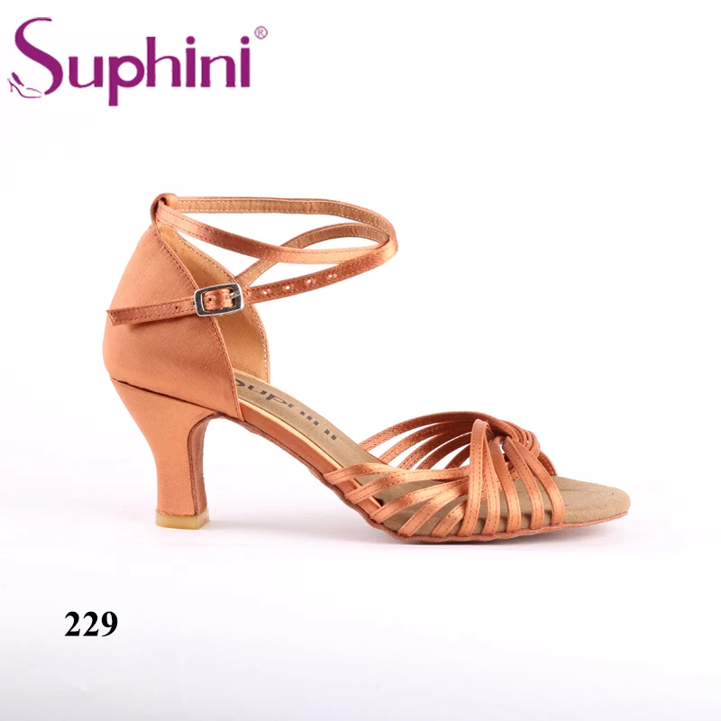 Suphini тонкая атласная обувь для Латинской сальсы женская обувь для сальсы Женская танцевальная обувь для латинских танцев - Цвет: Deep tan 6.4cm heel