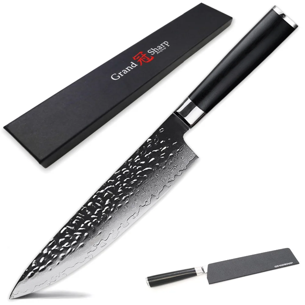 Baratos GRANDSHARP Damasco con alto contenido de carbono de acero inoxidable Damasco cuchillo de Chef VG10 martillado hoja Damasco cuchillo de cocina PRO nuevo