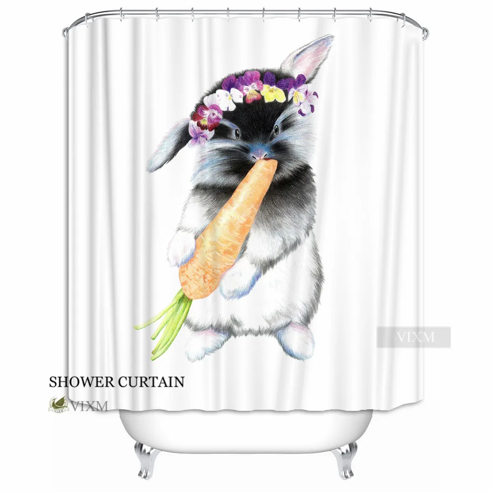 Vixm Home Little Rabbit Gnawing Radish Fabric Shower Curtain Clever