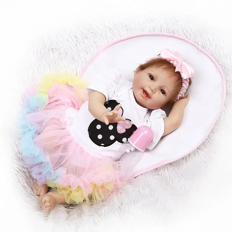 

55cm Silicon Smile Babydoll Colorful Skirt Pink Bow Headband Early Childhood Toy