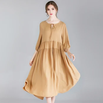 

Spring female rayon long dress O neck with bow 3/4 sleeve elegant loose wrinkled promo party fashion dress plus size tunic XXXXL