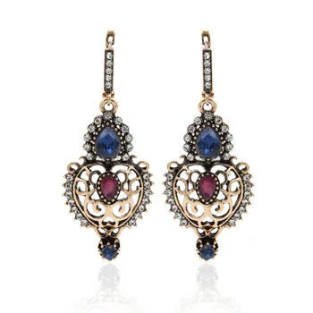 New Vintage Turkish Women Hollow Flower Round Resin Long Earrings Antique Gold Color Hook Earring Ethnic Jewelry Algeria Bridal