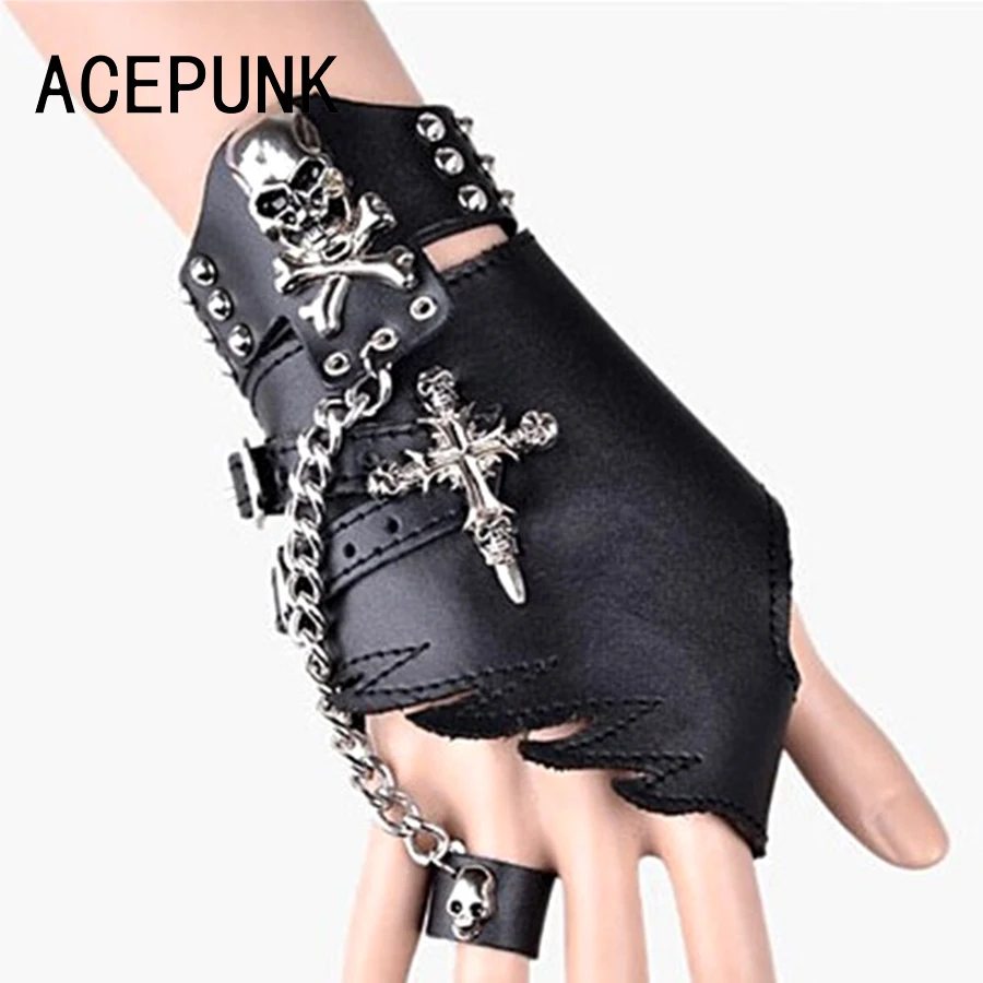 

Man Skull Bracelet And Cross Gloves Set Unique Rock Spikes Rivet Gothic Skeleton Skull Punk Biker Wide Cuff Leather Bracelet
