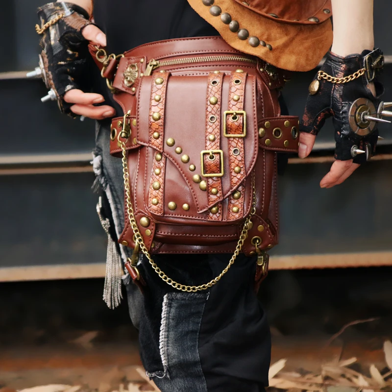 Gear Duke Steampunk Waist Pack Bag Retro Rock Gothic brown Fanny Bag Pack Shoulder Bag Vintage Men Women Leather Leg Bag