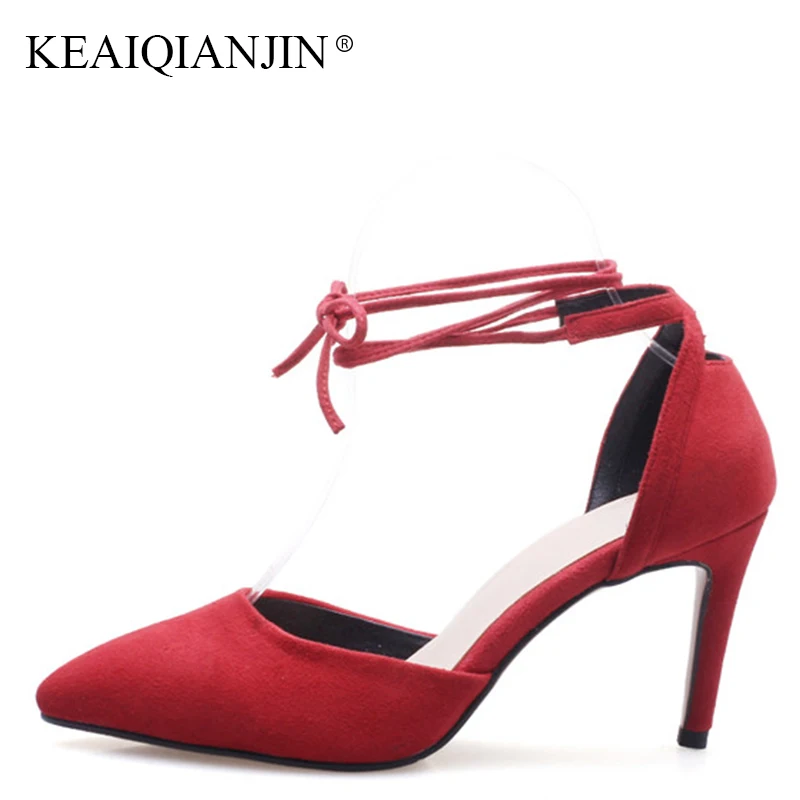 

KEAIQIANJIN Woman Genuine Leather Open Toe Lace Up Sandals Fashion Black High Heels Shoes Sexy Summer Red Party Peep Toe Sandals