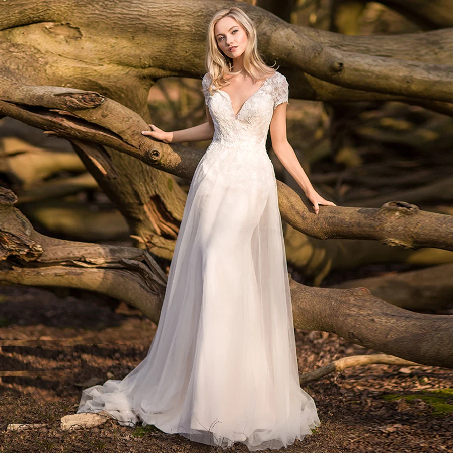 

lORIE Boho Wedding Dress Ivory A Line Cap Sleeves V Neck Bridal Gown Vestidos De Novia 2019 Floor Length wedding Gowns
