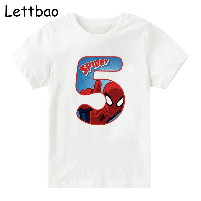 New Fashion Children's Clothes Happy Birthday 2 To 12 Number Summer Cotton White T-shirt for Boy Spider Man Tshirt for Kid - Цвет: 5