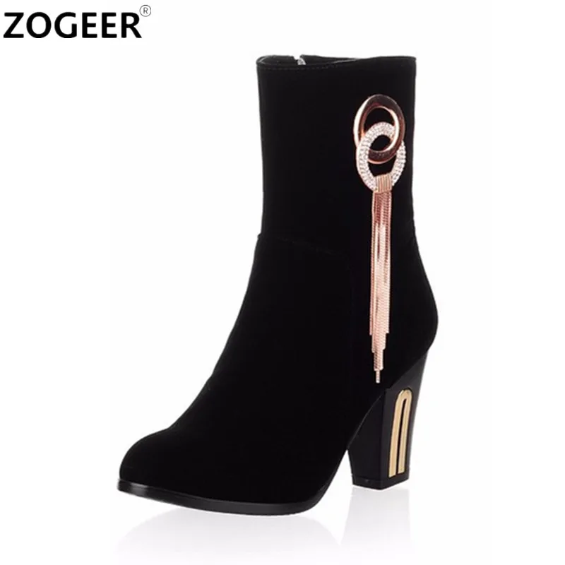 

Hot 2019 Winter Autumn Women Boots Luxury Charm Black Red Mid-calf Boots High Heel Fashion Flock Shoes Woman Plus Size 34-43