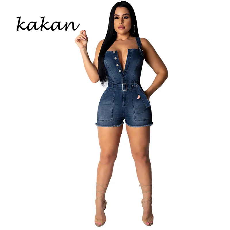 

Kakan summer new women's denim jumpsuit short sexy strapless halter jumpsuit street hipster dark blue denim jumpsuit