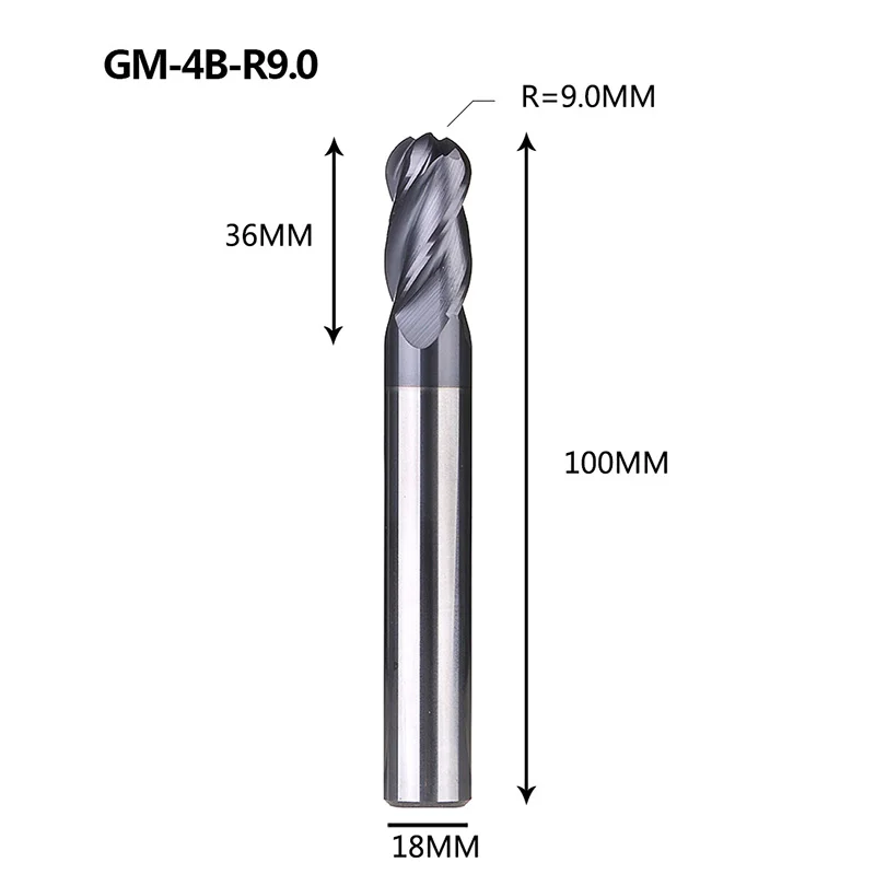 1 шт. GM-4B твердого карбида вольфрама 4 флейты сферическая Концевая фреза с ЧПУ Фрезерный резак режущие инструменты для обработки металла профиль HRC45 - Длина режущей кромки: GM-4B-R9.0