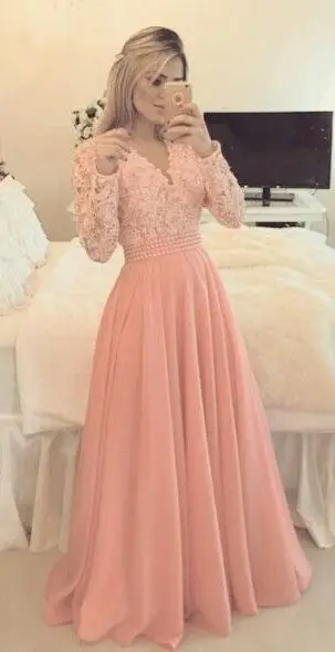 Простые элегантные кружева с длинным рукавом шифоновые Выпускные платья v-образным вырезом светло-розовый дешевые Вечеринка платье