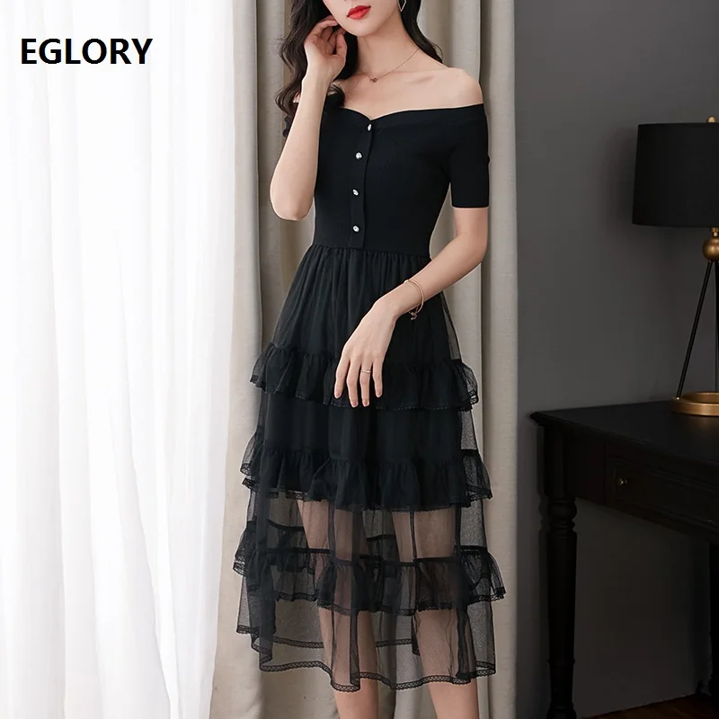

One Piece Dress 2019 Summer Fashion Women Knitted Tulle Mesh Patchwork Short Sleeve Slim Fit & Flare Dress Long Sweaters Female