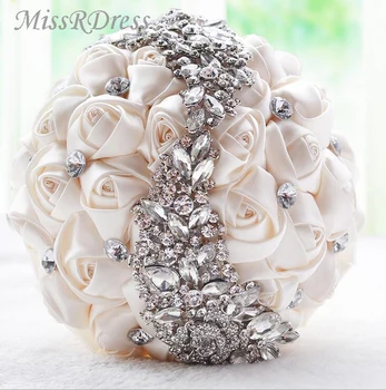 

MissRDress Crystal Wedding Bouquet Ivory Artifical Rose Wedding Flowers Red Stain Bridal Bouquets For Wedding Accessories JK307