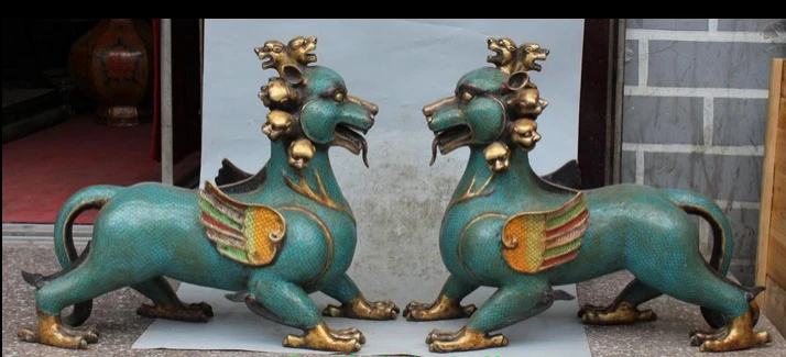 bir 003965 22&quotChinese Purple Bronze Statue Cloisonne Animal 9 Head Dragon Beast Unicorn Pixiu Pair | Дом и сад