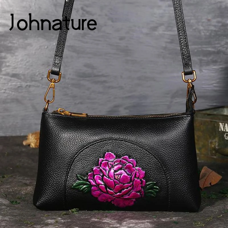 

Johnature 2019 New Flap Genuine Leather Polyester Vintage Floral Zipper Soft Silt Pocket Versatile Embossed Women Handbag