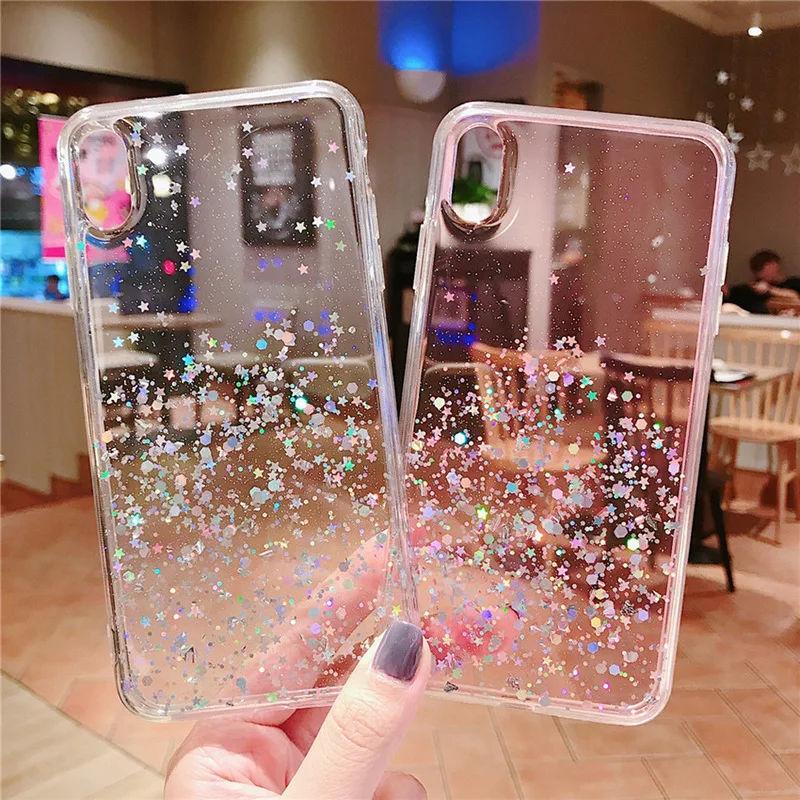 

Luxury Glitter Bling Sequins Phone Case For iPhone 8 7 Plus 6 6s Epoxy Star Transparent Case For X XR XS MAX 10 Soft TPU Cover