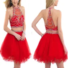 Schöne kurze zwei Stück Homecoming Kleider 2016 Perlen Halter Red Tüll Cocktail-Party Kleid für Mädchen