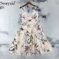 Svoryxiu Elegante lelie Bloemenprint Patchwork Kant Borduurwerk Spaghetti Band Jurk vrouwen Landingsbaan Zomer Sexy Jurk Vestdios