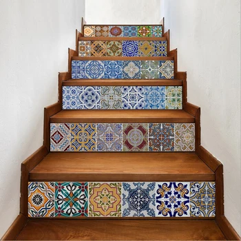 

6pcs 18x100cm Geometric Pattern Self-Adhesive Stair Sticker Waterproof Vinyl Wall Stickers For Kids rooms vintage home decor