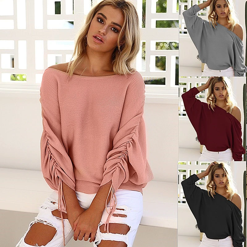 

2018 Autumn Winter Sexy off shoulder split knitted sweater Women pullovers knitwear one shoulder loose batwing sleeve sweater