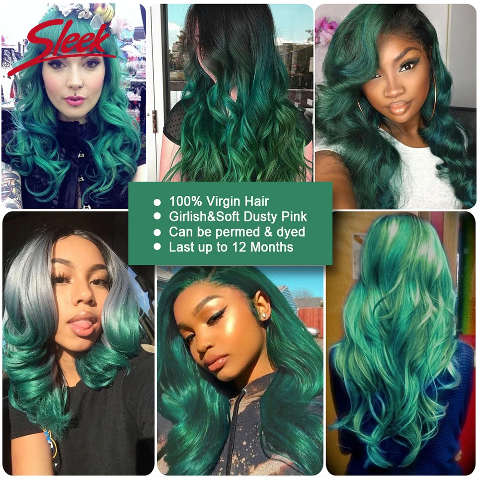 Sleek Colorful Hair Pre-colored Ombre Bundle TT1B/TUQIV# Green Brazilian Hair Weave Bundles Body Wave Virgin Remy Hair Extension