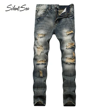 

Silentsea High Quality Men Hole Jeans Casual Destroyed Hip hop Male Straight Destroyed Denim Cotton high qualityTrousers