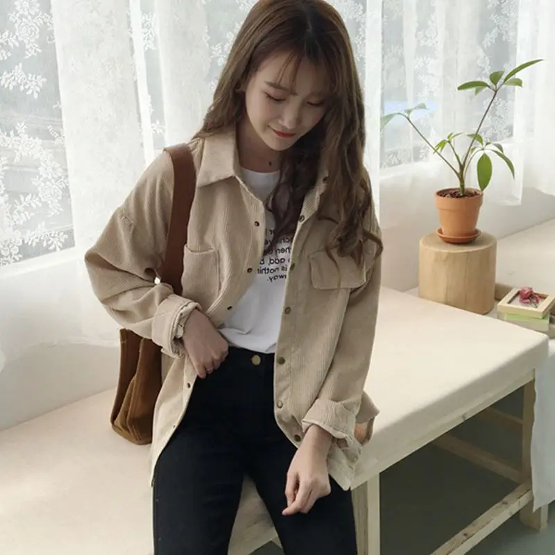 

Women Harajuku Corduroy Jackets Fashion Long Sleeve Preppy Wide Waist Turn Down Collar Jacket Spring Autumn Girl Pocket Jaket