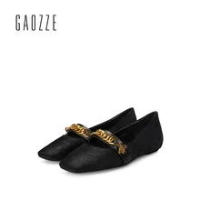 GAOZZE 2017 autumn new women flat shoes retro square head casual shoes horse wool female metal chain flat shoes luxury