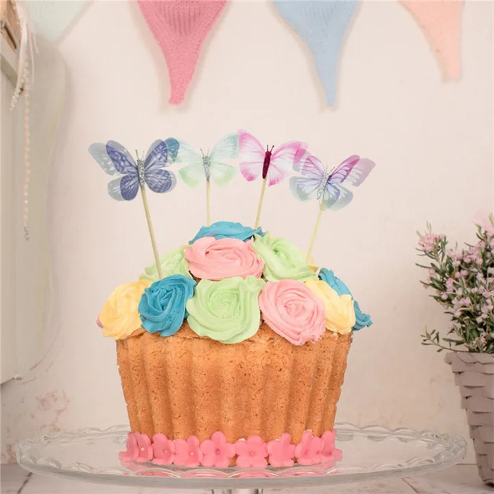 10pc Double-Layer Tulle Colorful Butterfly Cake Flags Cupcake Cake Toppe For Wedding Party Children Birthday Cake Decor Supplies