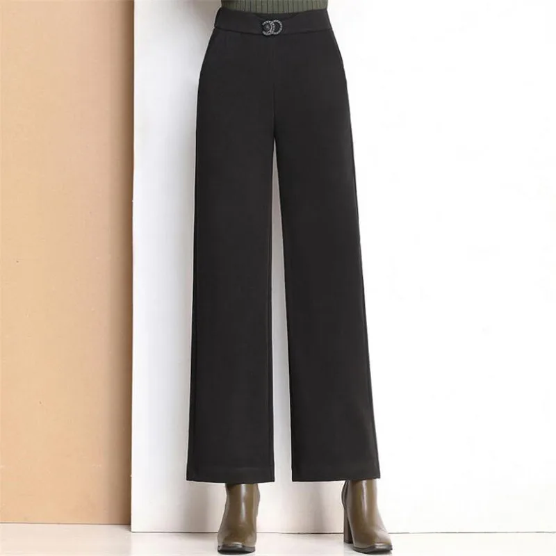 Для женщин Высокая талия широкие штаны эластичные Кнопка свободные толстые теплые зимние брюки женские стрейч 2019 брюки моды для женщин