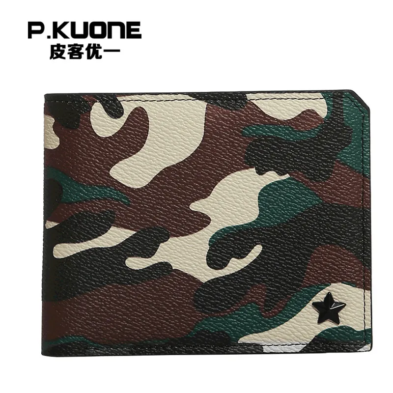 

P.KUONE 2017 Design Small Wallet PU Leather Camouflage Purse Fashion Men Credit Card Holder Famous Luxury Brand Clamp For Money