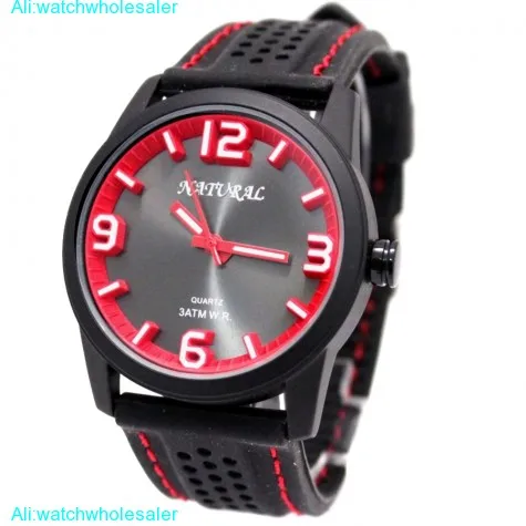 FW848N Round Water Resist Silicone Black Band Men Women Red Stitch Fashion Watch